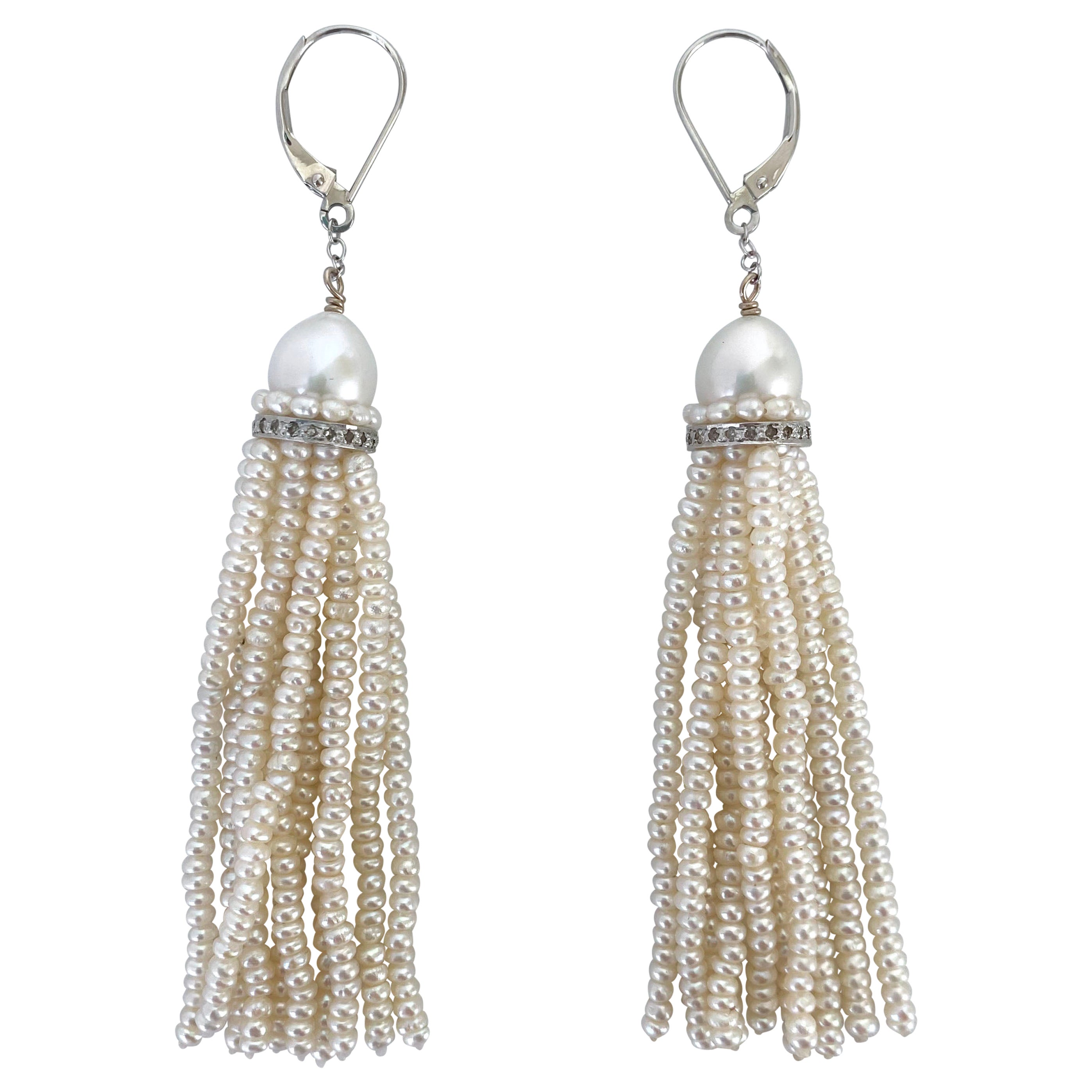 Marina J. Pearl Tassel Earrings with Rhodium plated Silver & Diamonds