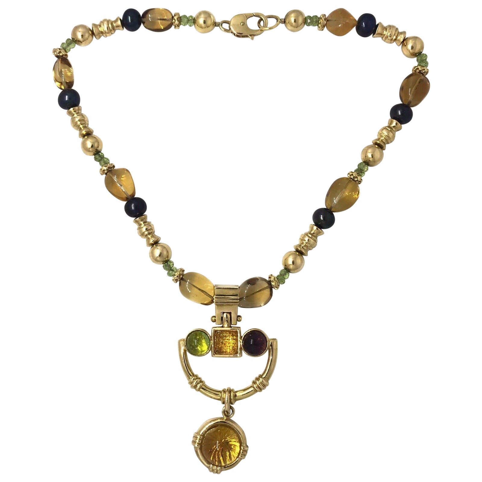 Collier pendentif perlé de 20 pouces avec citrine et péridot en or jaune 14 carats