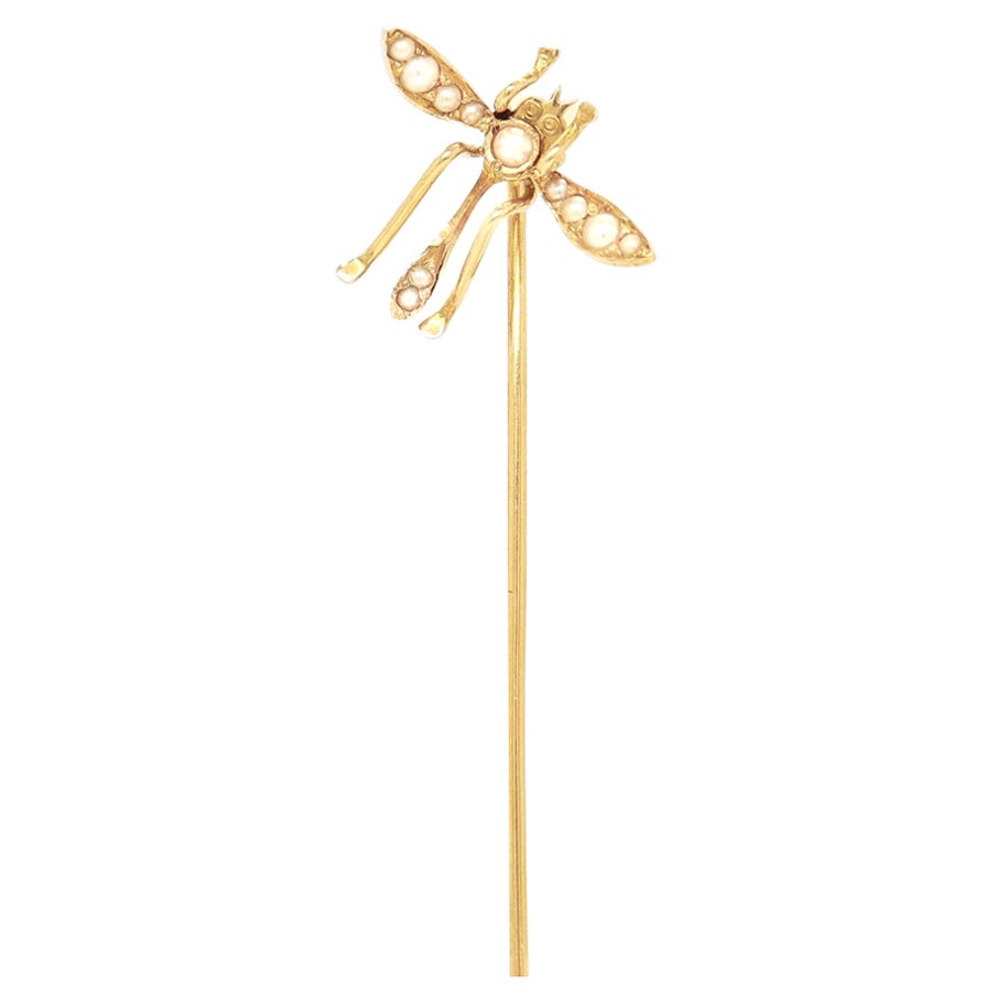 Antique 10k Gold & Seed Pearl Stickpin Dragonfly or Water Bug Stickpin For Sale