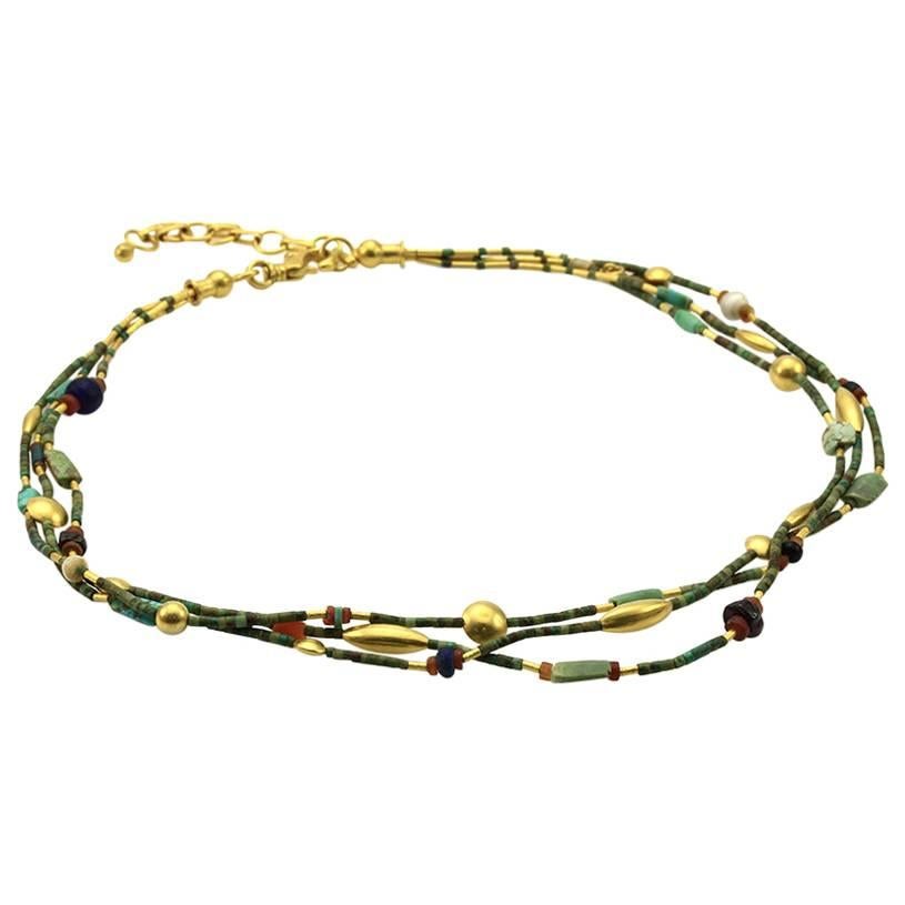 Gurhan Phoenician Turquoise Gold Three Strand Necklace