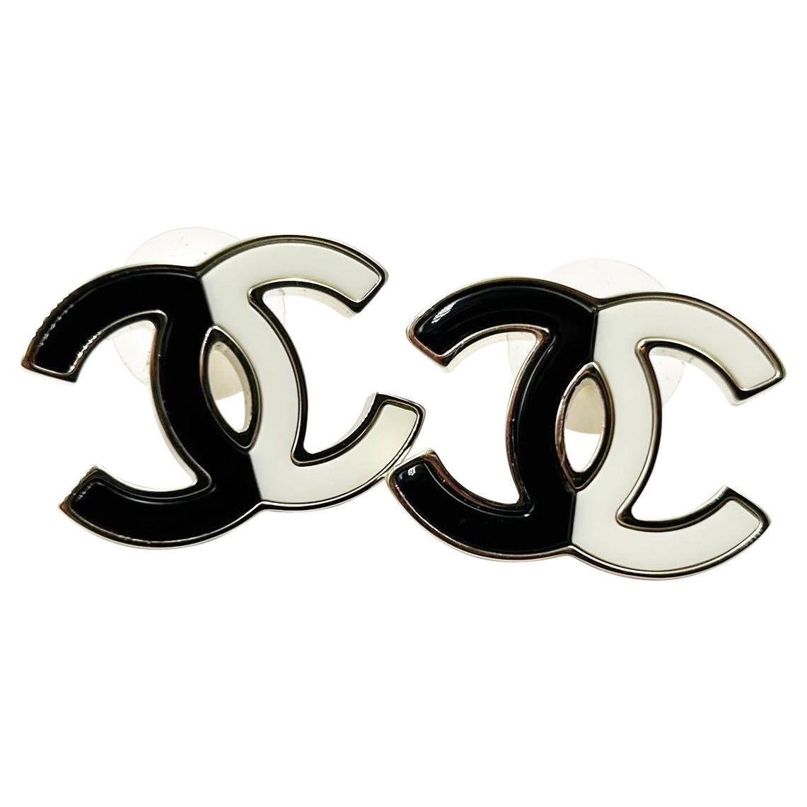 Chanel Classic Gold CC Black White Half Half Large Stud Piercing Earrings 