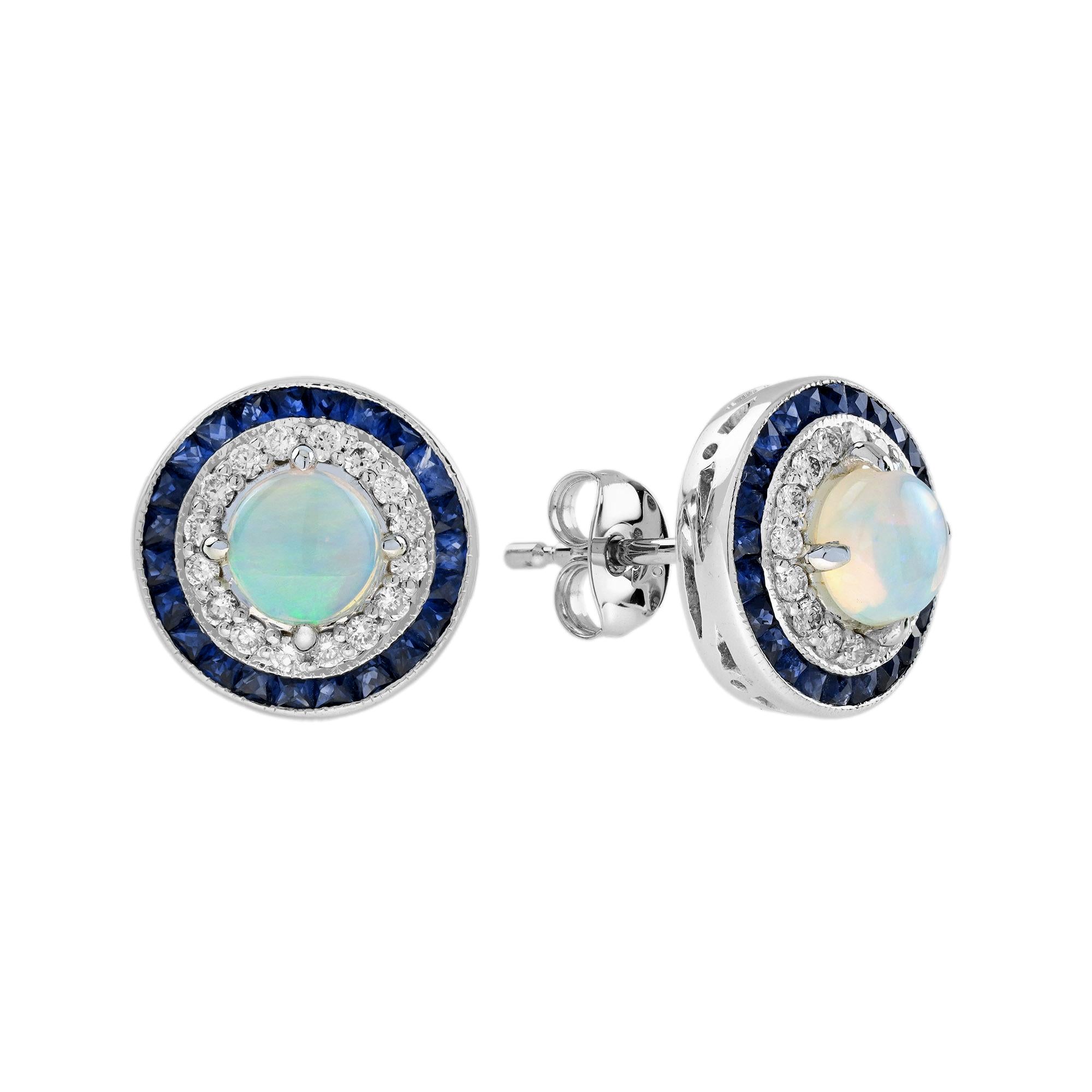Solid Opal Diamond Sapphire Double Halo Stud Earrings in 18K White Gold For Sale