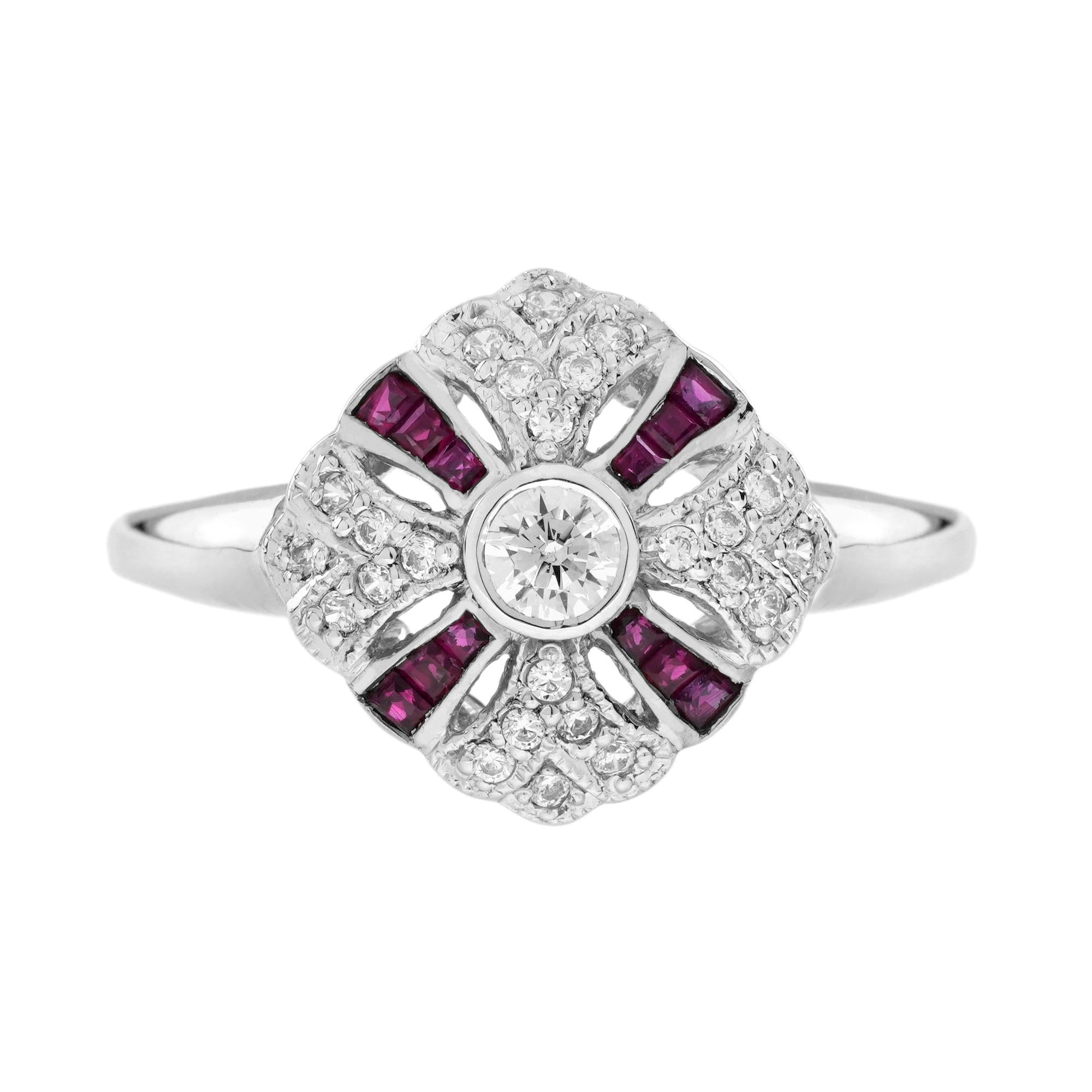 Diamond and Ruby Art Deco Style Engagement Ring in 14K White Gold For Sale