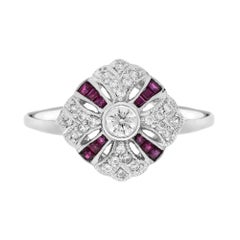 Diamond and Ruby Art Deco Style Engagement Ring in 14K White Gold