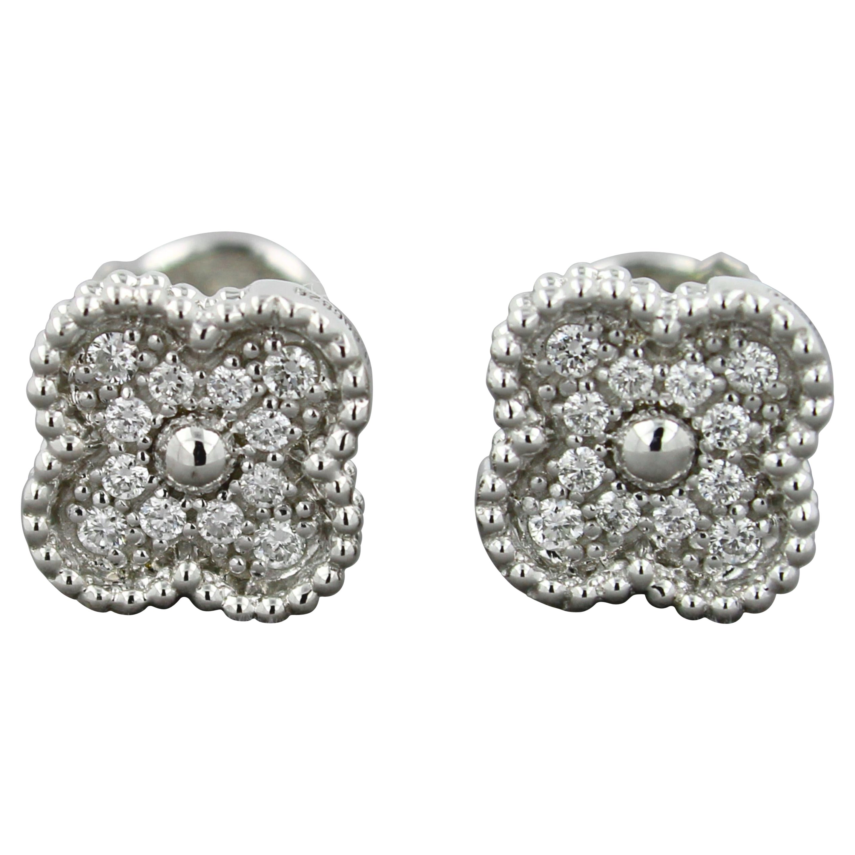 Van Cleef & Arpels Sweet Alhambra Diamond Pave 18K White Gold Stud Earrings