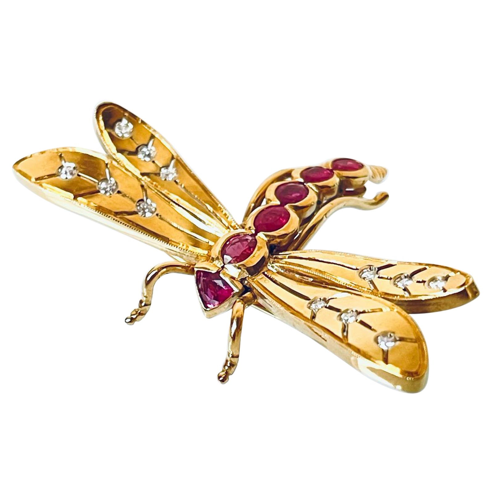 Vintage 18K Yellow Gold, Ruby Diamond Dragonfly Brooch For Sale