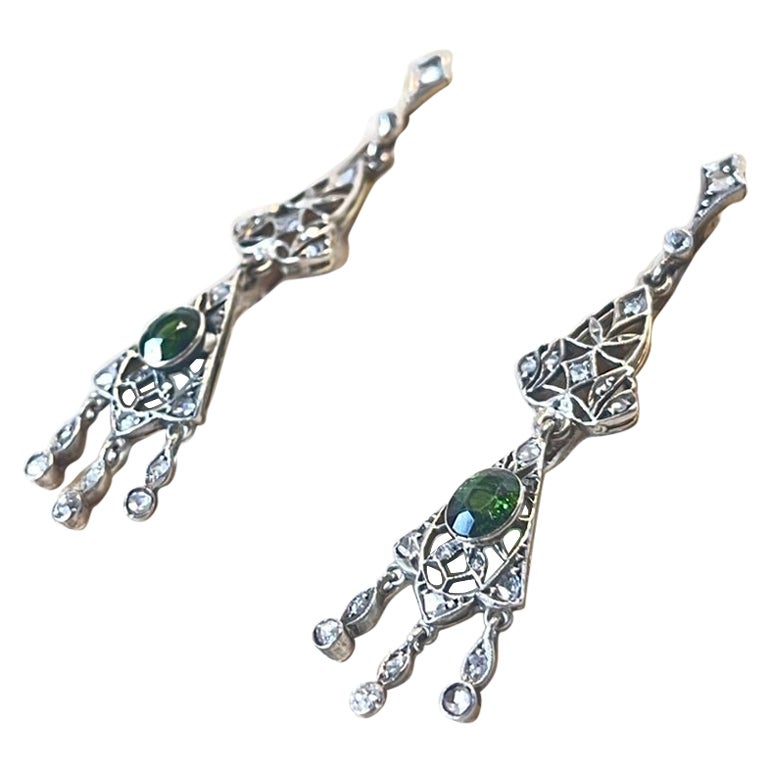 Edwardian Art Nouveau Gold Silver Diamond Peridot Long Drop Earrings, C 1900 For Sale