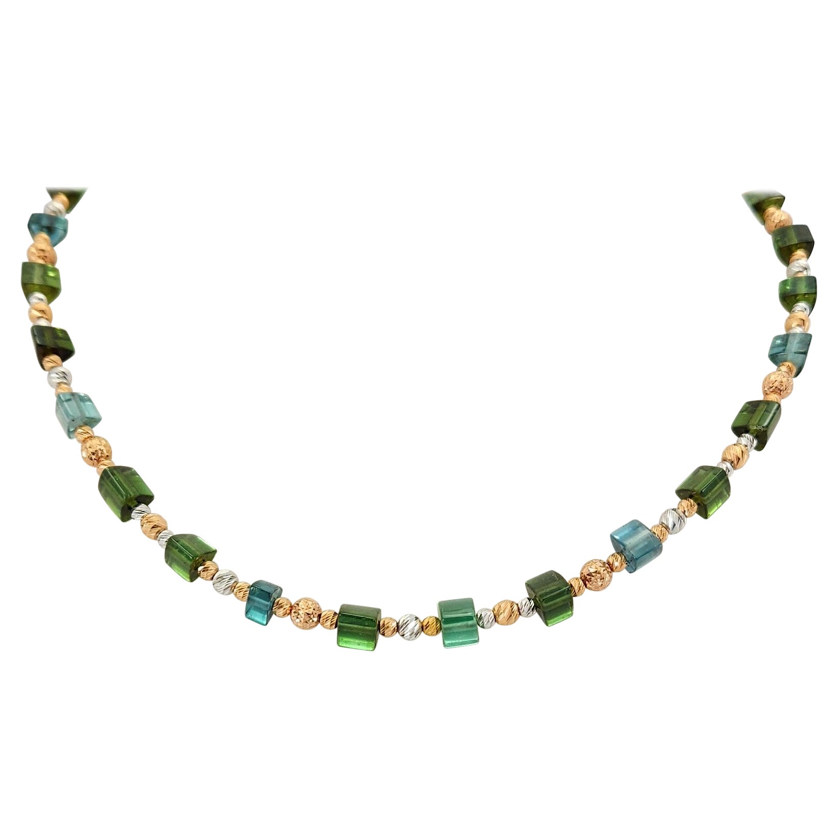 Green-Blue Tourmaline Crystal Beaded Necklace with 18 Carat Gold For Sale