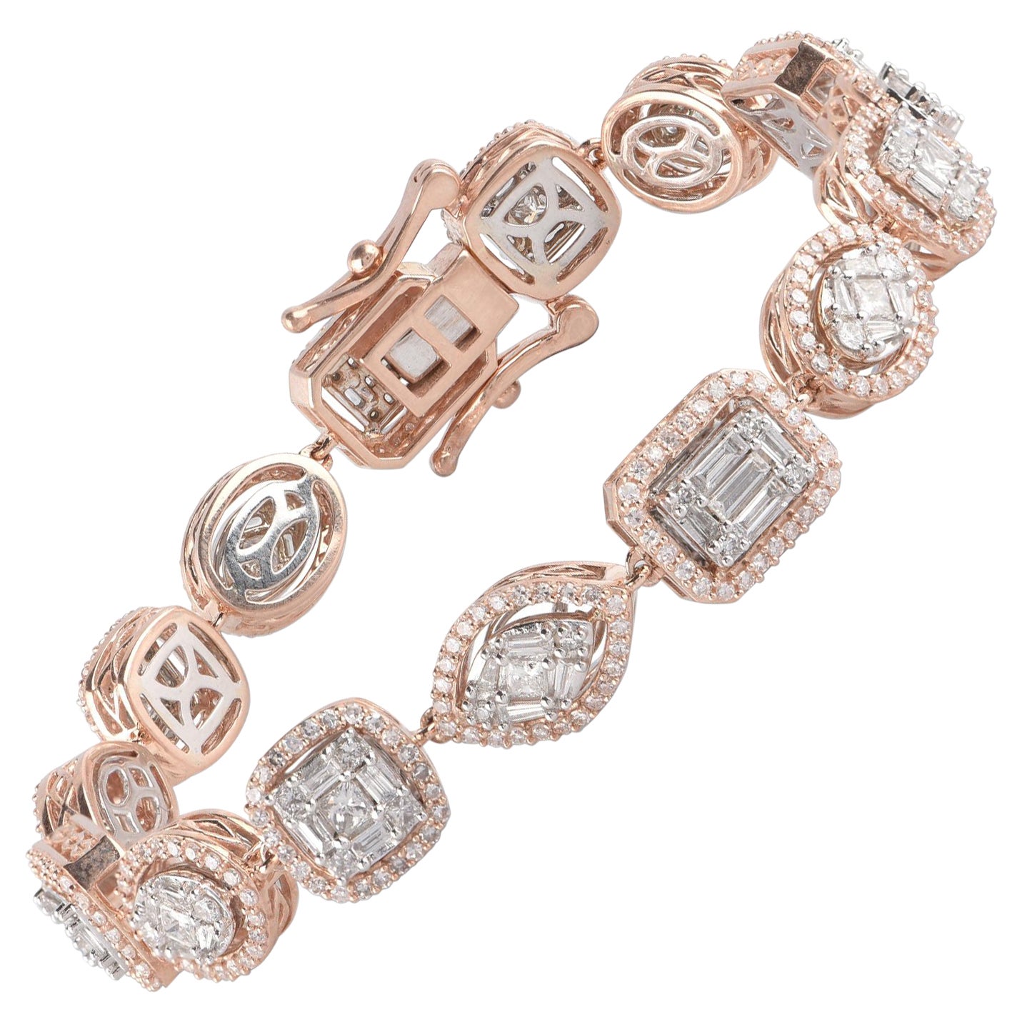 Bracelet mosaïque en or rose 14 carats avec diamants ronds, baguettes et princesses TJD 4,0 carats en vente