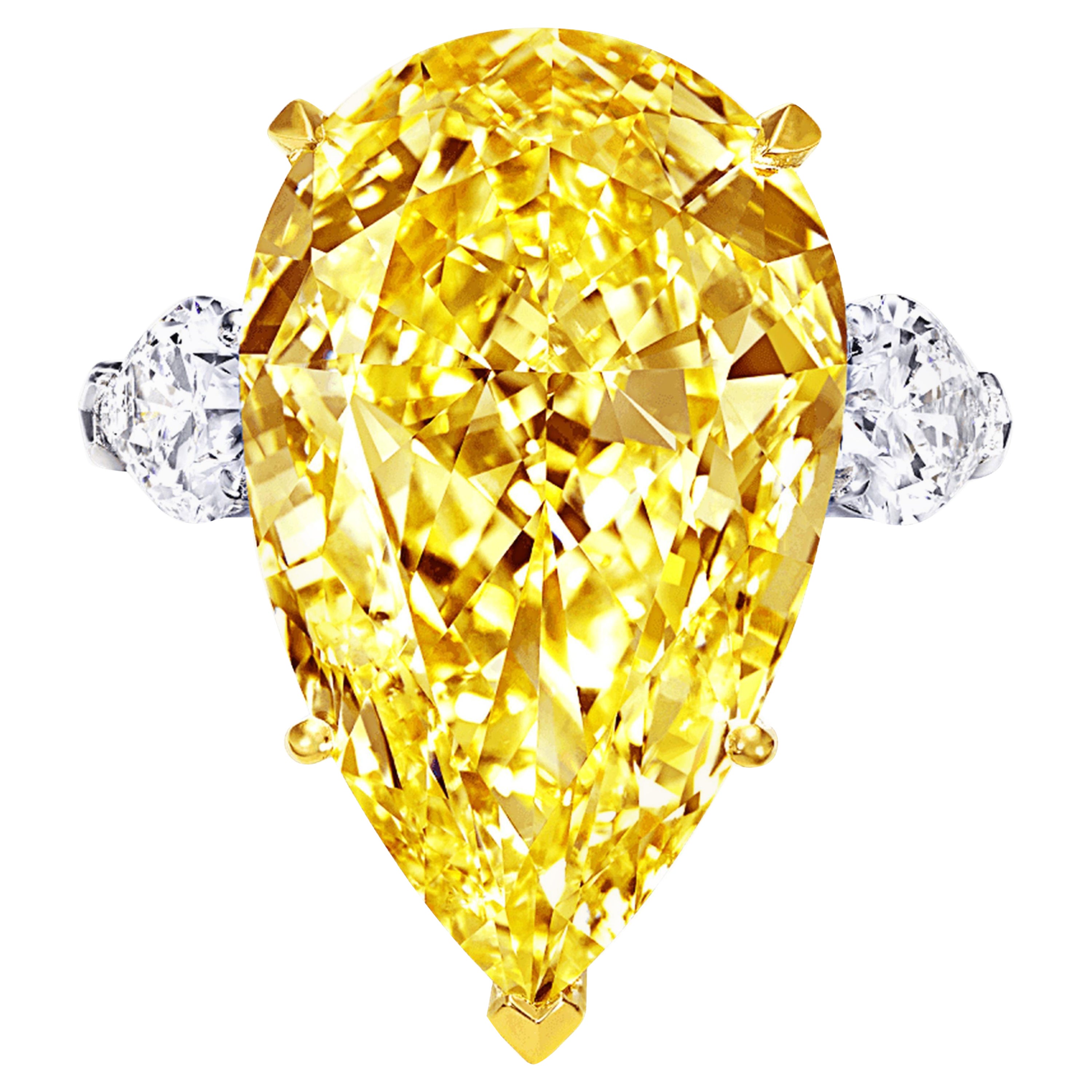 GIA Certified Fancy Intense Yellow 11 Carat Pear Shape Three Stone Diamond Ring For Sale