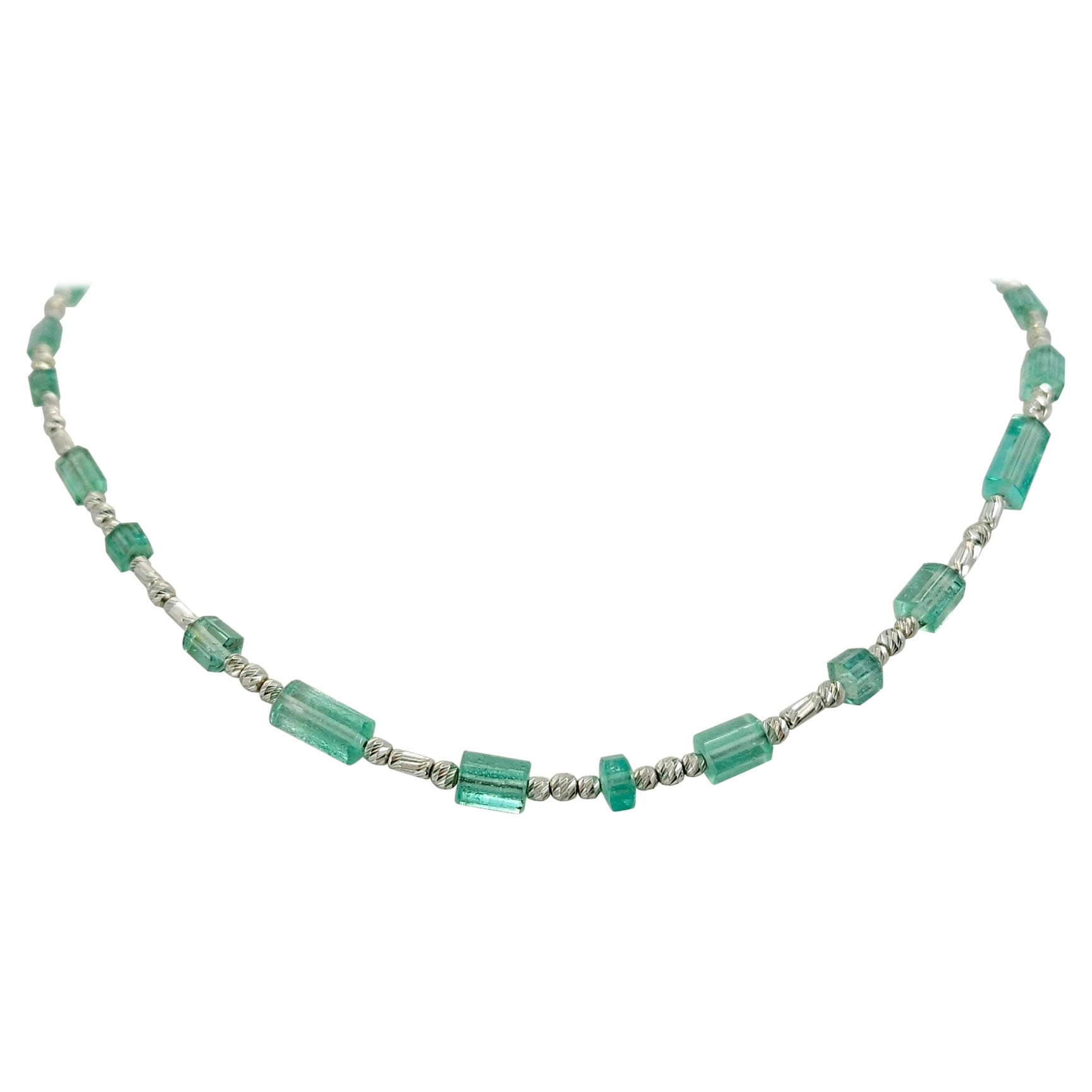 Natural Emerald Crystal Bead Necklace with 18 Carat White Gold For Sale