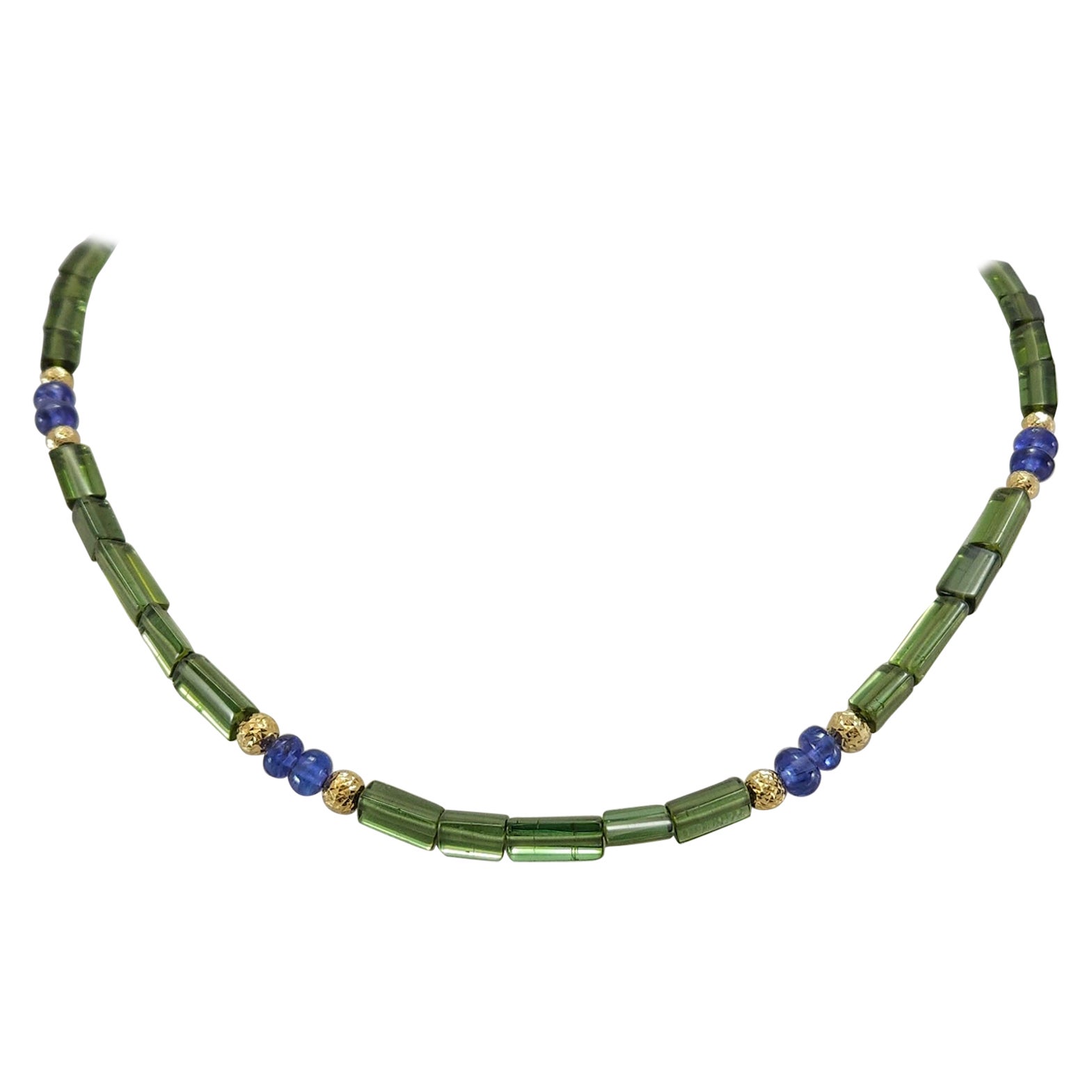 Green Tourmaline Crystal & Tanzanite Beaded Necklace with 18 Carat yellow Gold For Sale