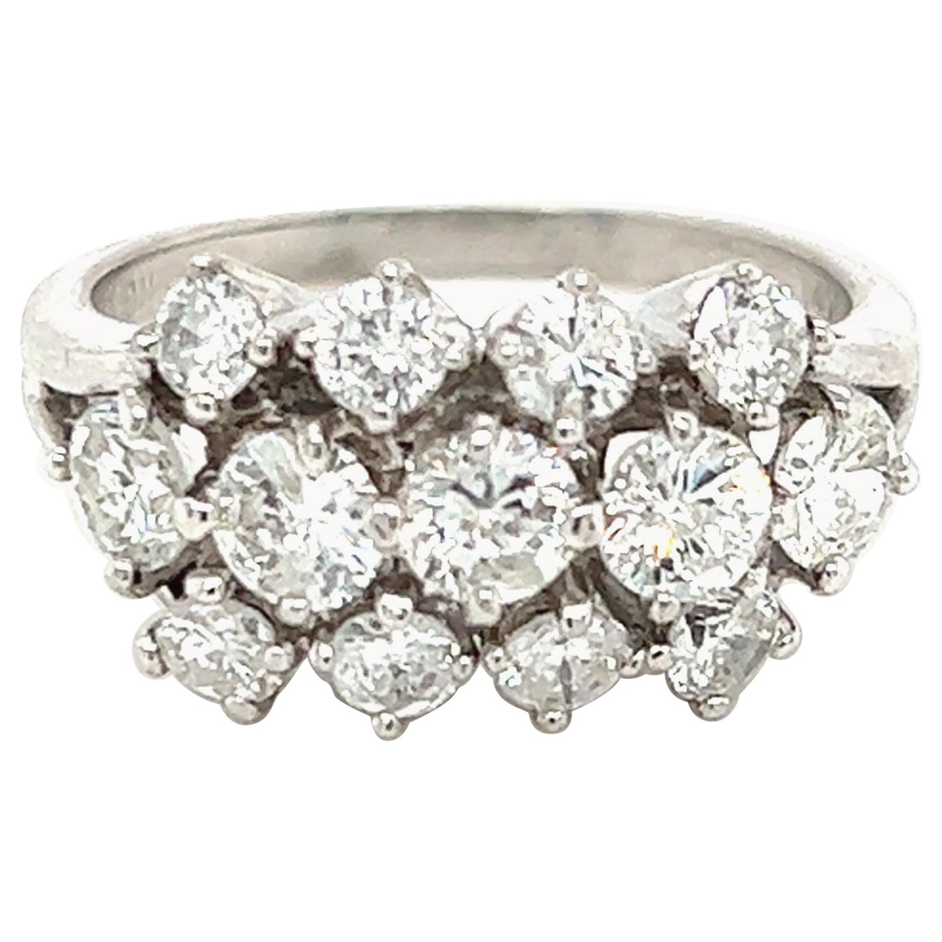 Vintage 1960s Triple Row Diamond Cluster Ring in 14K White Gold  For Sale