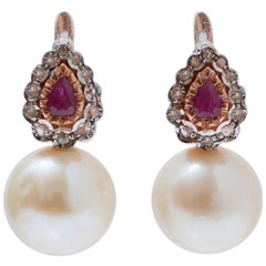 White Pearls, Rubies, Diamonds, Rose Gold and Silver Earrings.