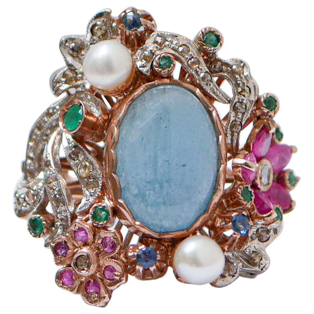 Aquamarine, Pearls, Emeralds, Rubies, Sapphires, Diamonds, Gold and Silver Ring. For Sale