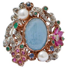 Retro Aquamarine, Pearls, Emeralds, Rubies, Sapphires, Diamonds, Gold and Silver Ring.