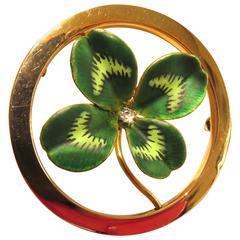 Krementz Large Enamel Four-Leaf Clover Diamond Center Gold Pin