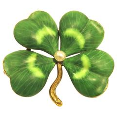 Art Deco Enamel Four-Leaf Clover Pin With Natural Pearl Center