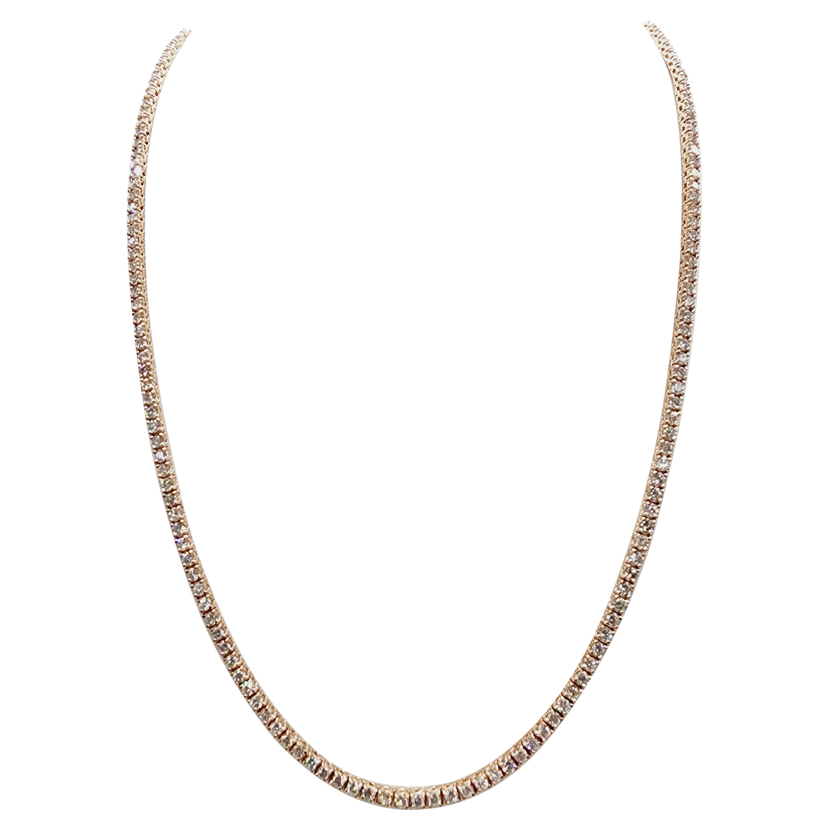 7.29 Carat Round Brilliant Cut Diamond Tennis Necklace 14 Karat Rose Gold For Sale