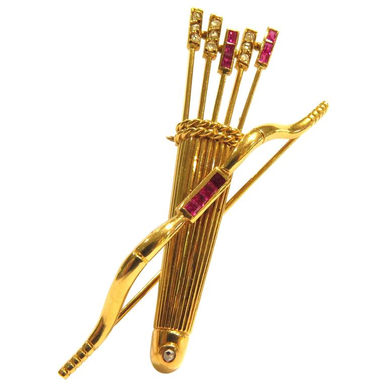 Cartier Art Deco Bow and Quiver Ruby Diamond Gold Pin at 1stDibs