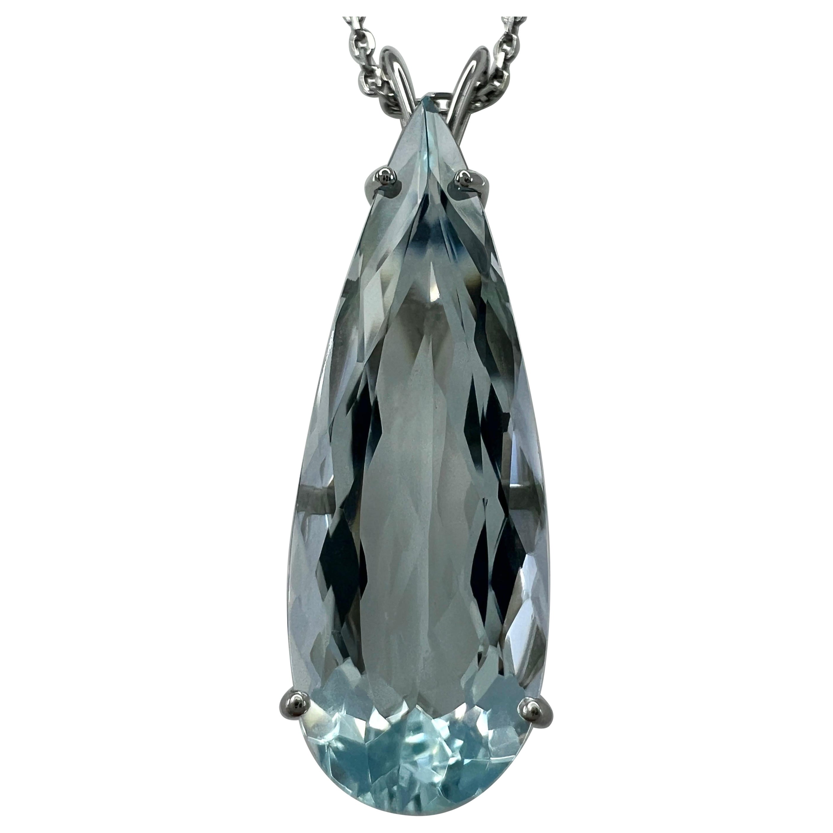 6.84ct Light Blue Aquamarine Slim Pear Teardrop Cut Platinum Pendant Necklace For Sale