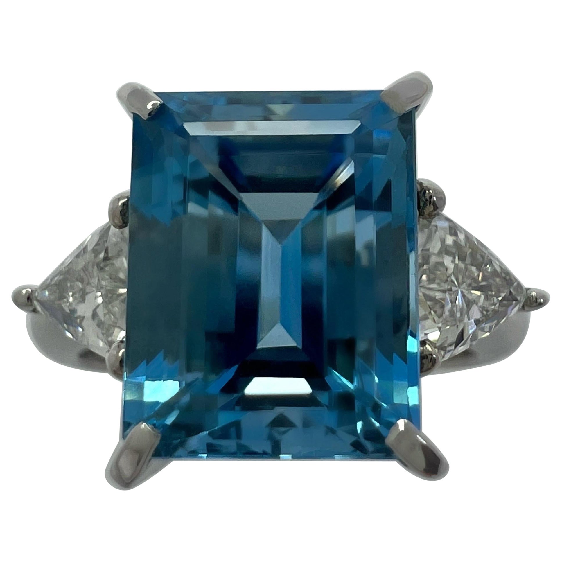 3.88ct Santa Maria Blue Emerald Cut Aquamarine Diamond Platinum Three Stone Ring For Sale