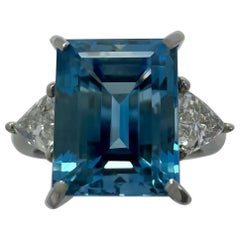 3(three Stone Ring 3,88ct Santa Maria Blue Emerald Cut Aquamarine Diamond Platinum