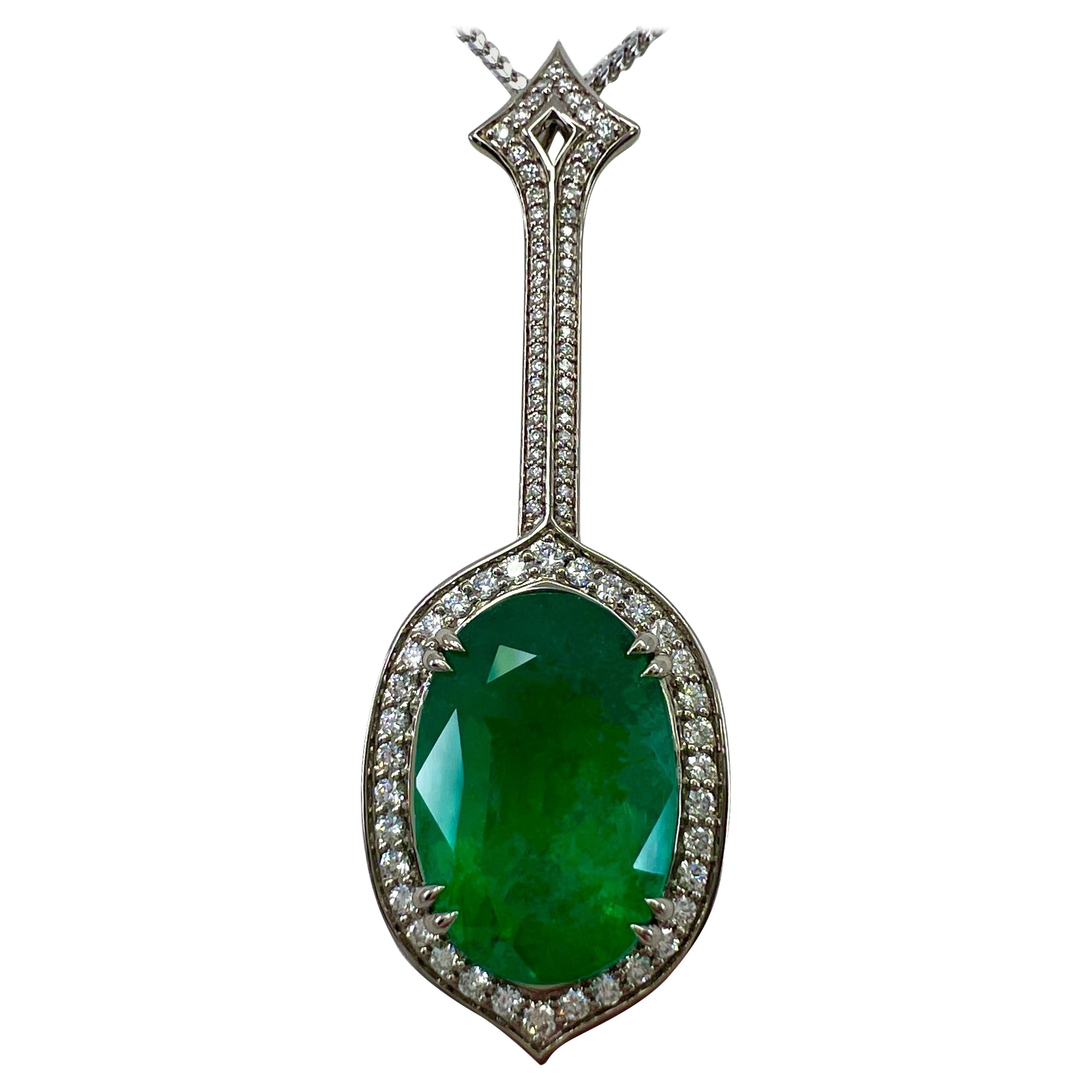 12.23ct GIA Certified RARE Russian Emerald & Diamond 18k White Gold Halo Pendant