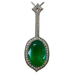 Used 12.23ct GIA Certified RARE Russian Emerald & Diamond 18k White Gold Halo Pendant