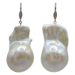 Baroque Pearl Diamond Dangling Drop Earrings With 18K White Gold French Hooks