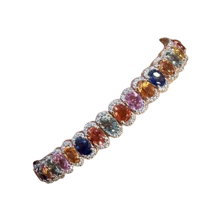 Multicolor Sapphire and Diamond Line Tennis Bracelet in 18k Rose Gold For Sale