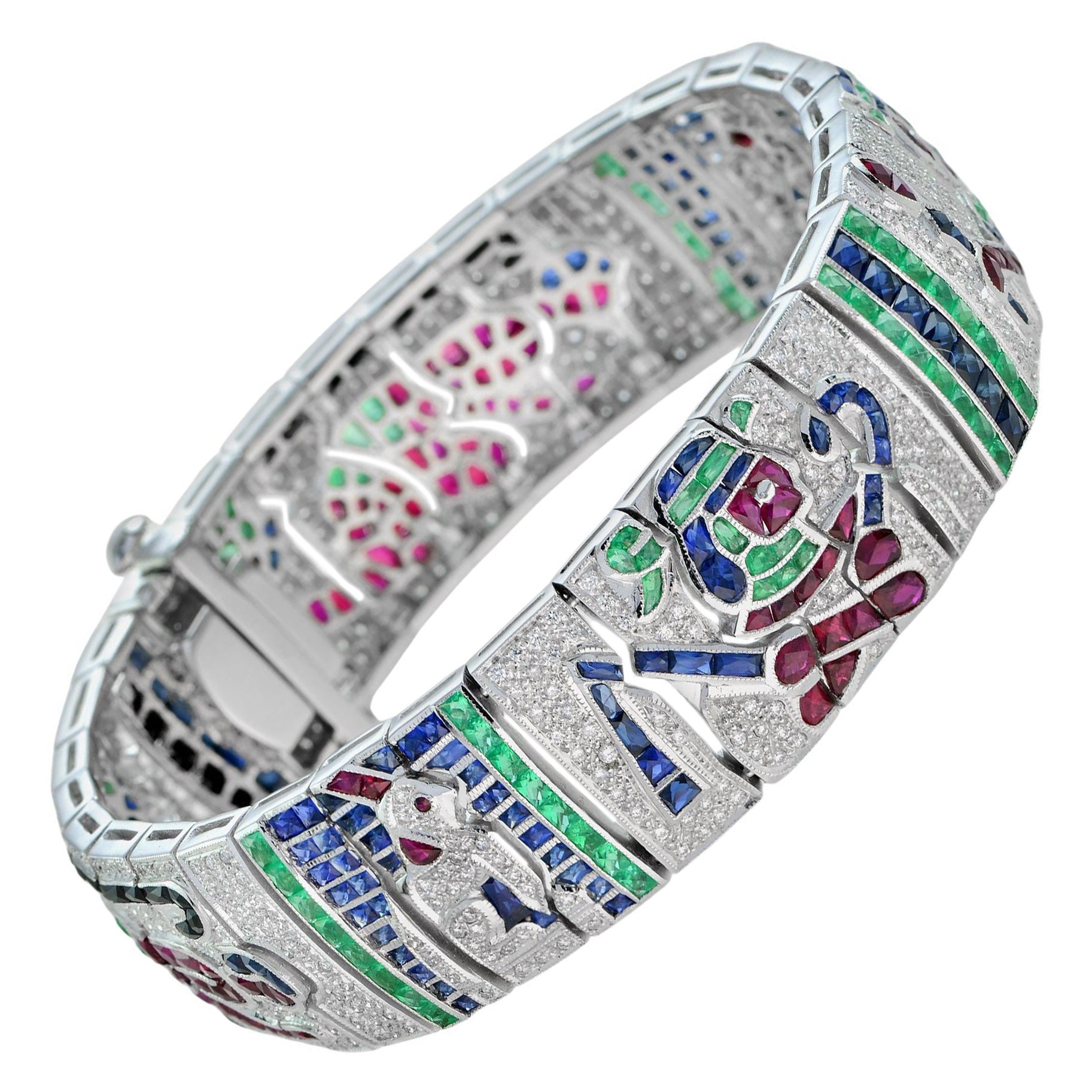 Treasures of Egypt Multi Gemstones Antique Inspired Bracelet in 18k White Gold