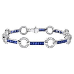 Art Deo Style Diamond with Sapphire Link Bracelet in 18K White Gold