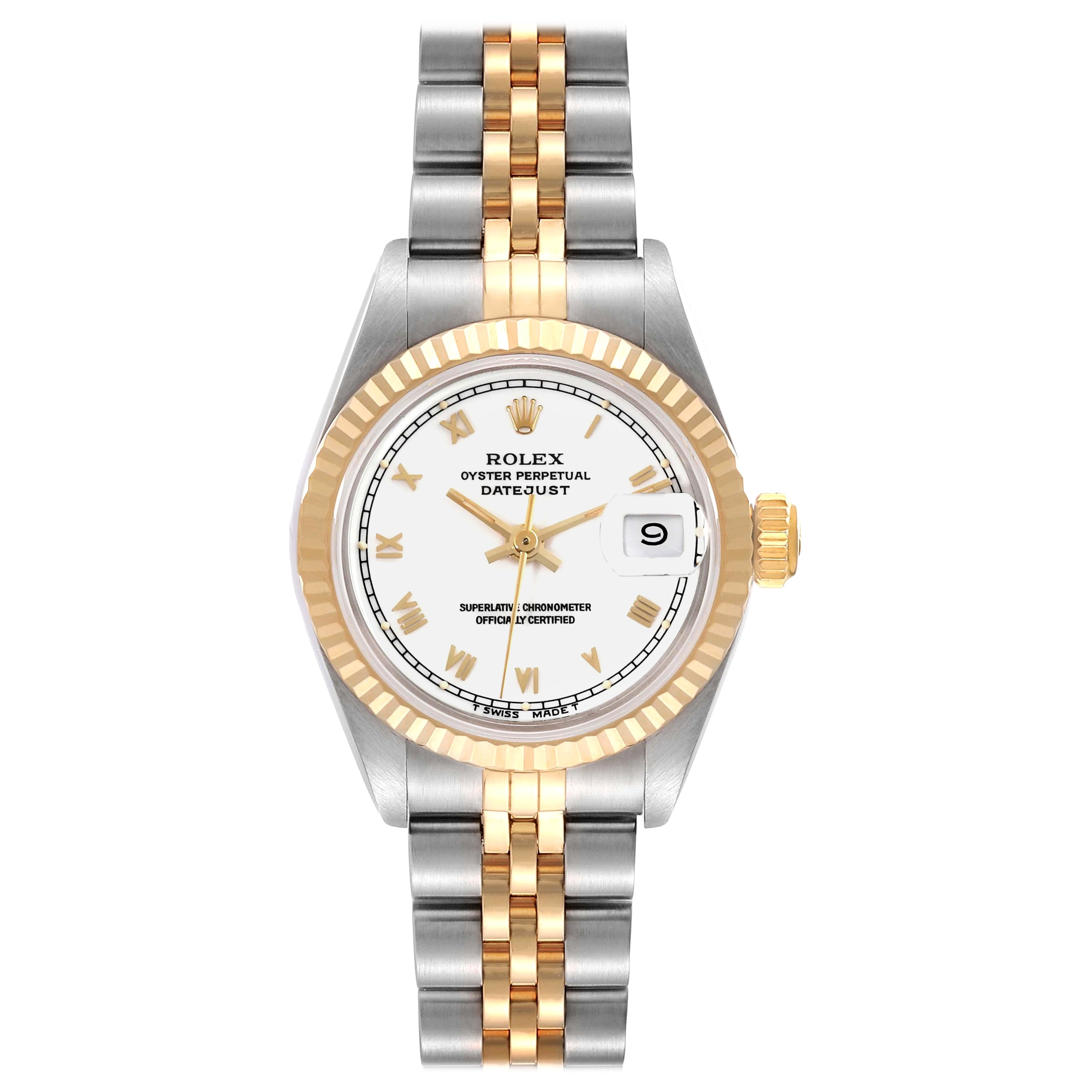 Rolex Montre Datejust pour femme en acier et or jaune avec cadran romain blanc 69173 en vente