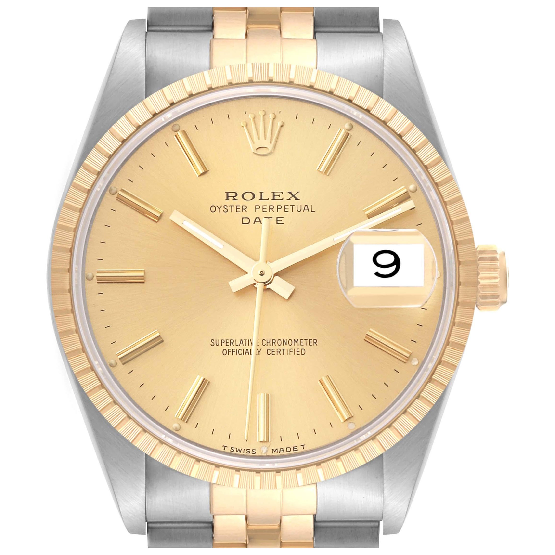 Rolex Date Steel Yellow Gold Engine Turned Bezel Mens Watch 15223 Box Papers For Sale