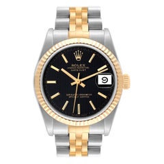 Used Rolex Datejust Midsize Black Tapestry Dial Steel Yellow Gold Ladies Watch 68273
