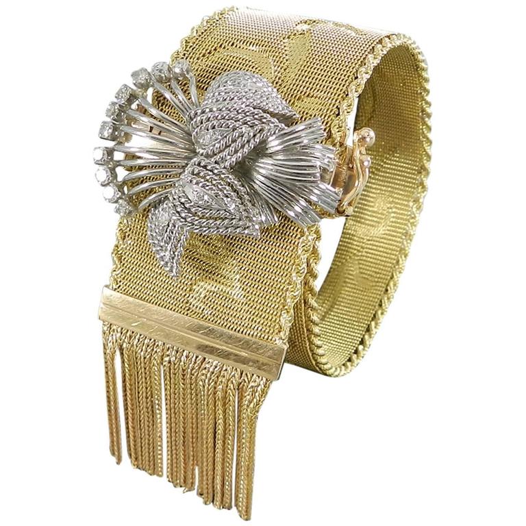 1960s Italian Woven Diamond Gold Mesh Tassel Bracelet For Sale at 1stDibs