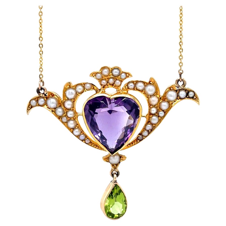 Murrle Bennett & Co Art Nouveau Amethyst Pearl Yellow Gold Heart Necklace