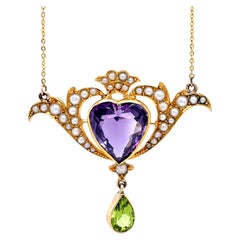 Antique Murrle Bennett & Co Art Nouveau Amethyst Pearl Yellow Gold Heart Necklace
