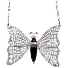 Vintage Onyx Diamond and Ruby 18 Karat Platinum Butterfly Necklace