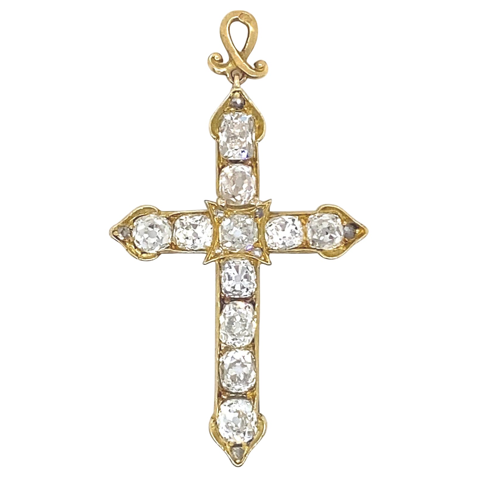 Colgante vintage de oro amarillo de 18 quilates y plata con cruz de diamantes en venta