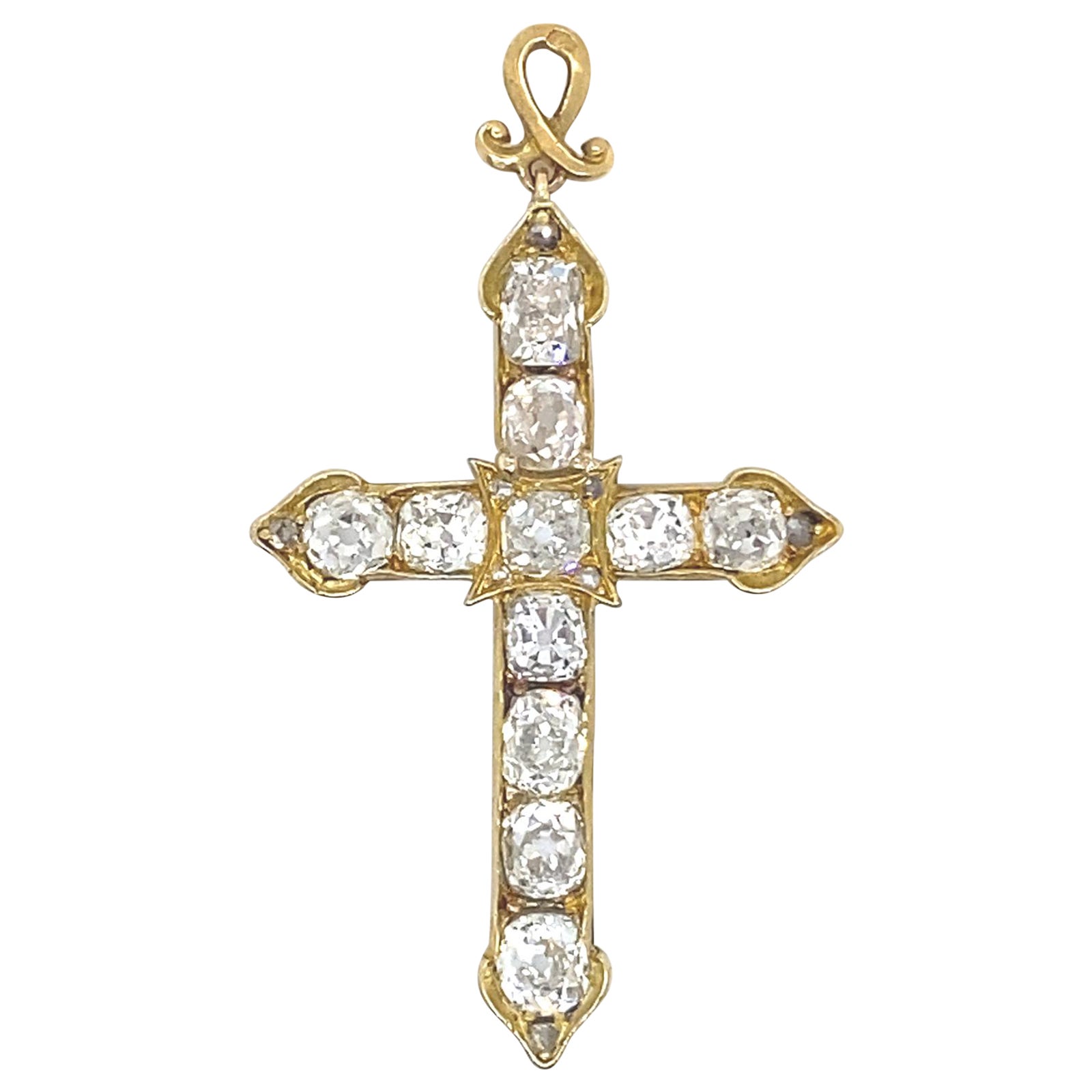 Vintage 18 Karat Yellow Gold and Silver Diamond Cross Pendant 