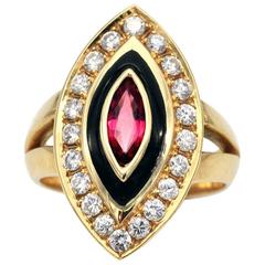 Ruby Diamond and Enamel Gold Marquise Ring 1