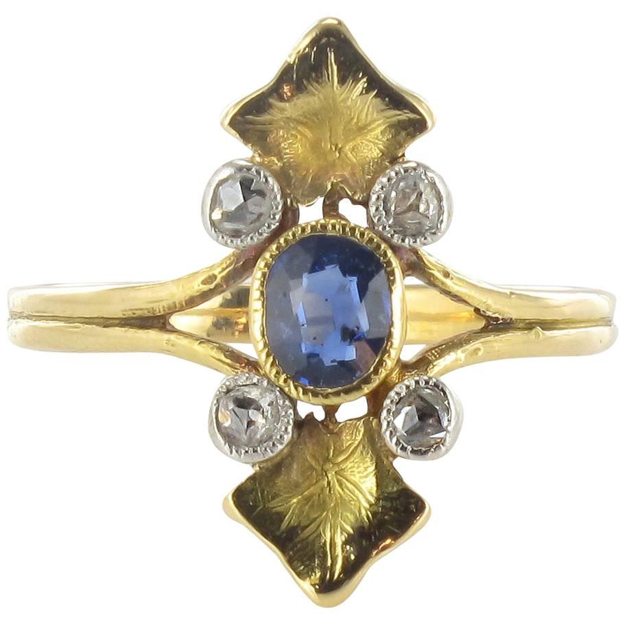 French Art Nouveau Sapphire and Diamond Ring 