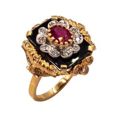 Vintage Art Deco Style White Diamond Oval Cut Ruby Onyx Yellow Gold Cocktail Ring