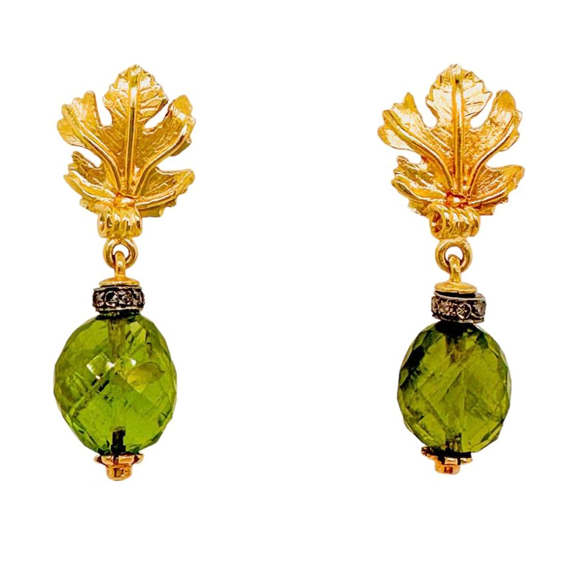 Vine Leaf Drop Earrings - 18ct yellow gold with peridot and diamond For Sale