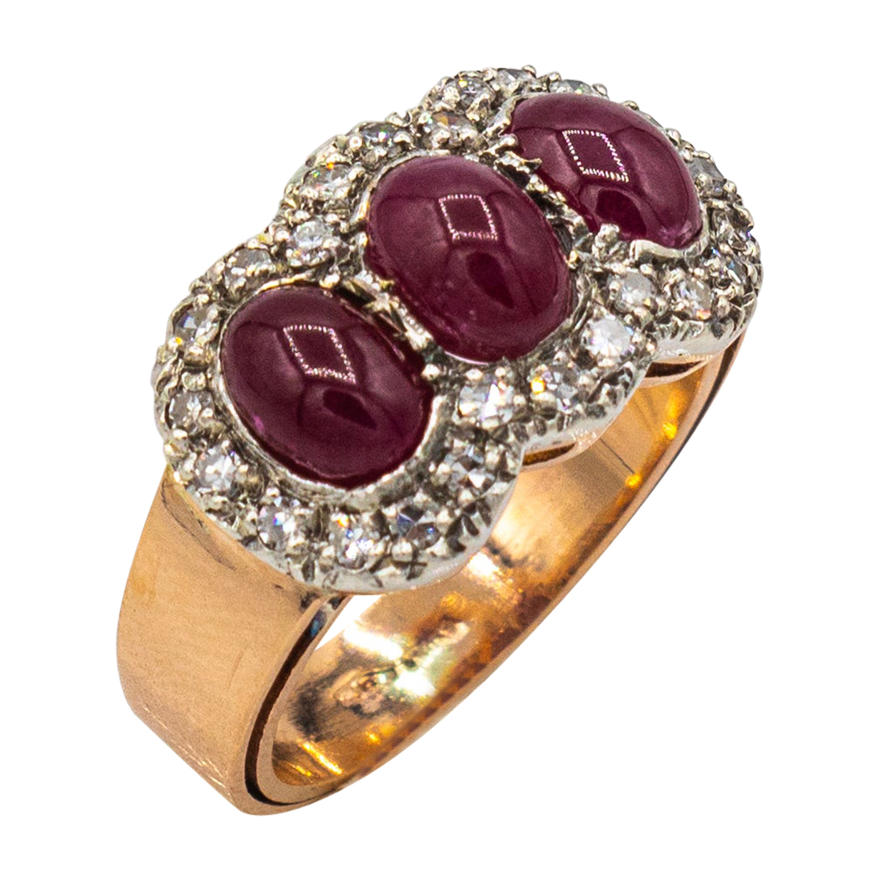 Art Deco Style White Diamond Cabochon Oval Cut Ruby Yellow Gold Band Ring For Sale