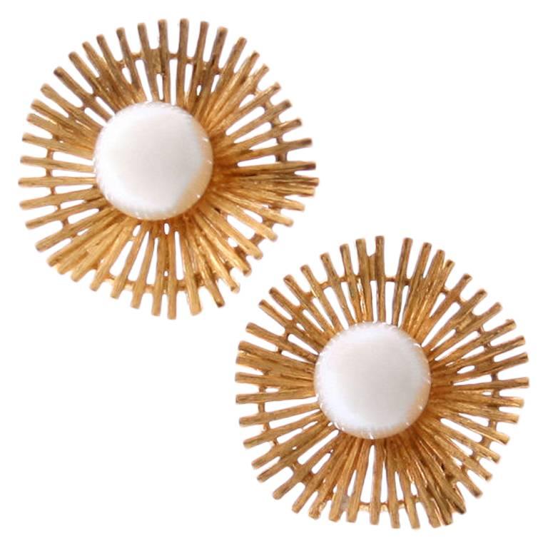 Modernist Pearl and Gold Sunburst Earrings For Sale