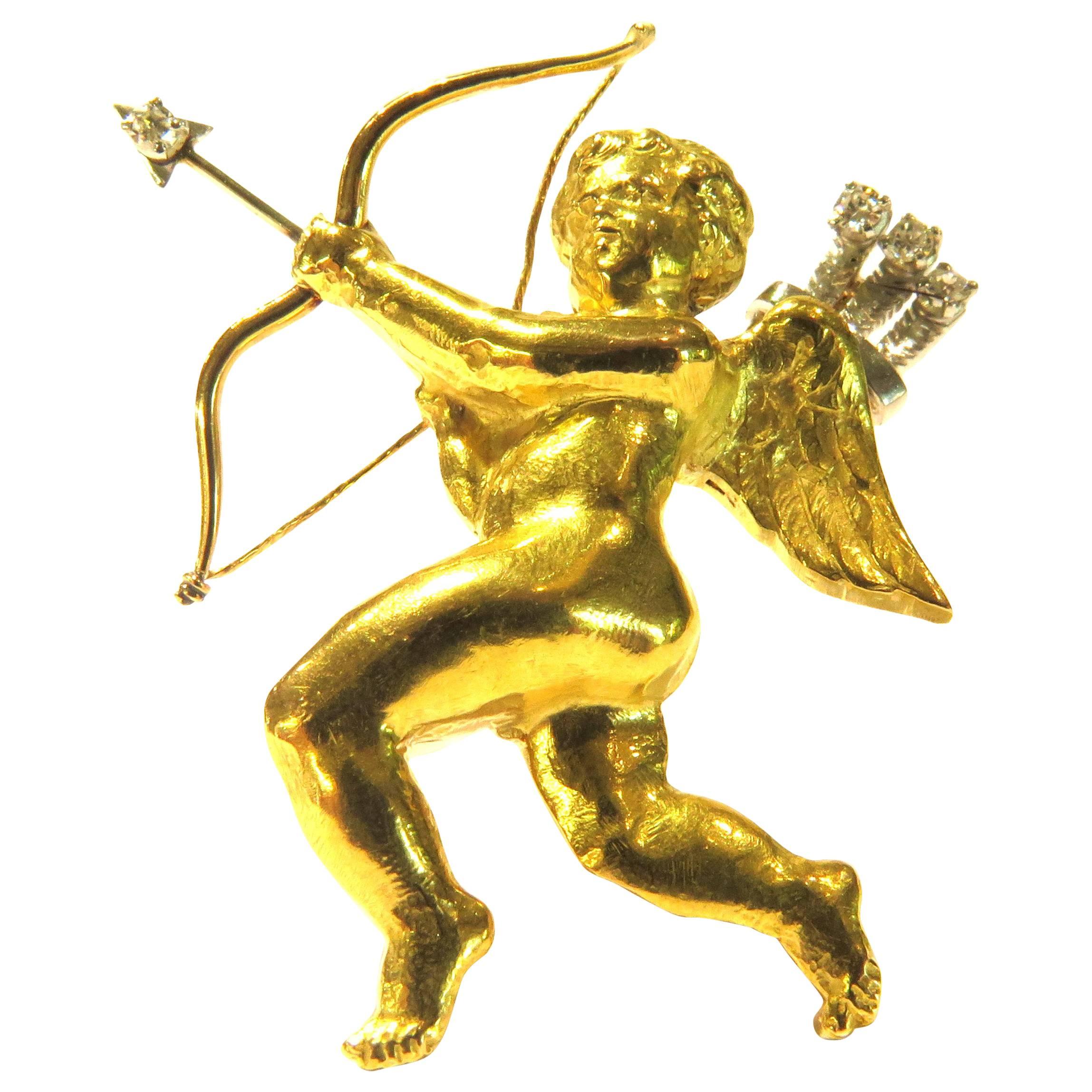 Mellerio French Cherub Gold Cupid Pin with Diamond Arrows