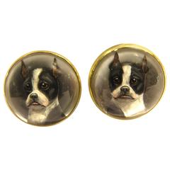 Vintage Boston Terrier Dog Deeply Carved Essex Crystal Gold Earrings 